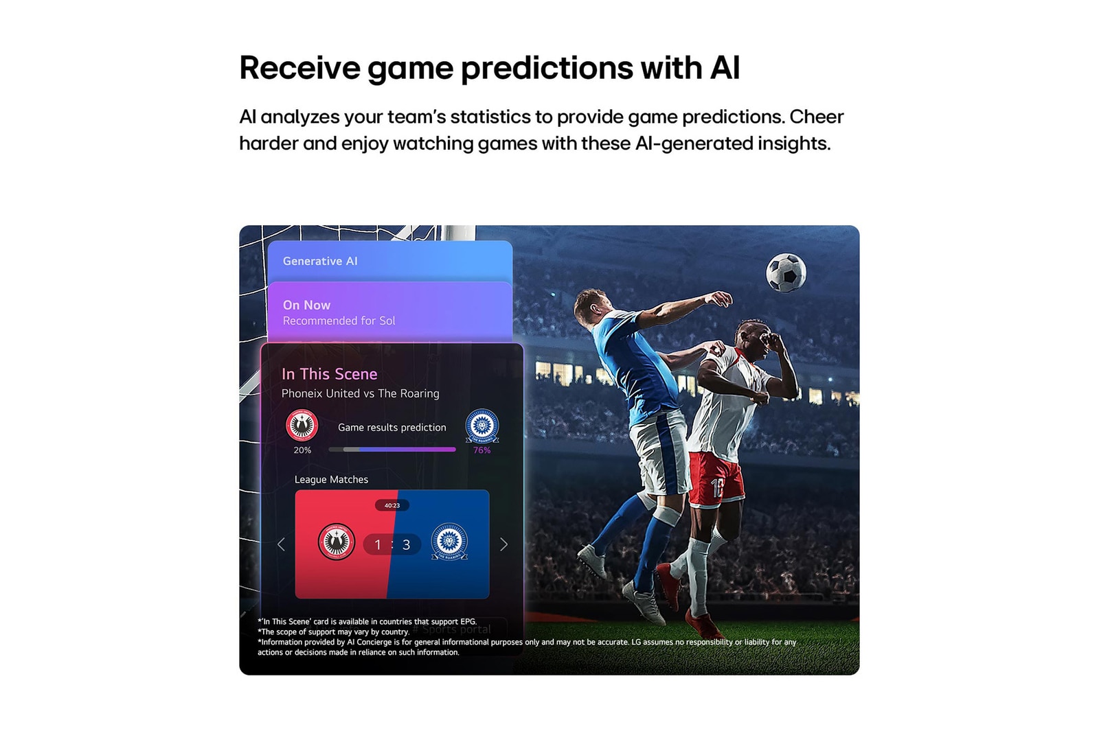 LG QNED evo AI QNED75 Mini LED Sports Forecast by AI Concierge displays a live soccer match with an on-screen AI panel presenting predictions, game insights, and league data, suggesting how AI analyzes gameplay to forecast match outcomes. 